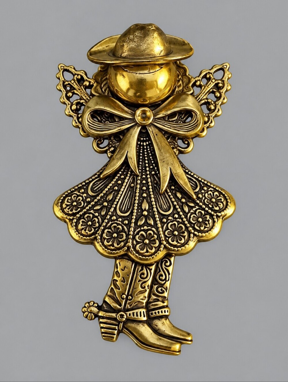 VTG Antique Brass Cowgirl Angel  Brooch